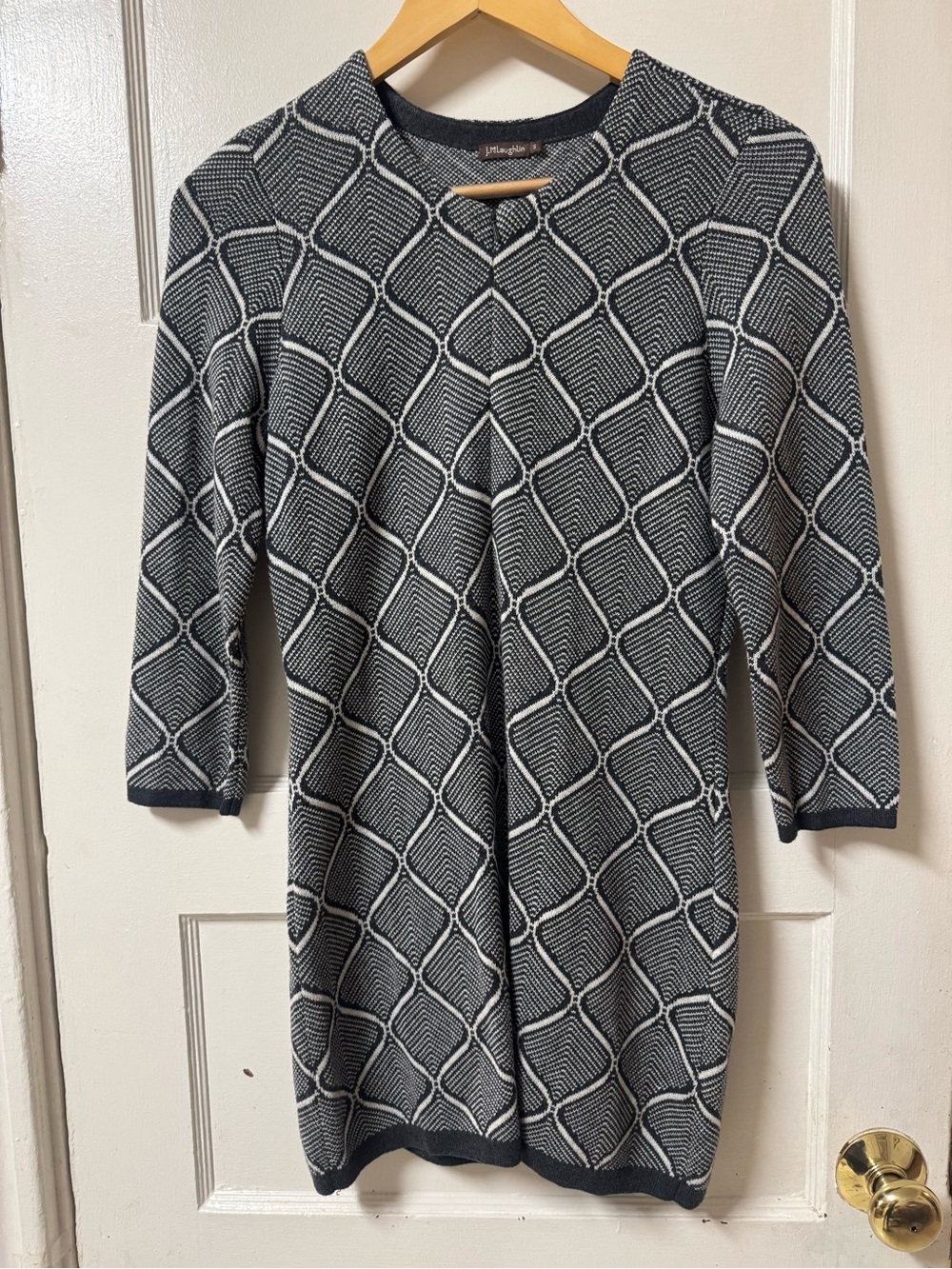J. McLaughlin Gray & White Geometric Long Knit Cotton Blend Sweater Size Small